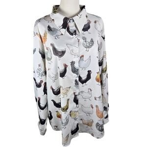 Plus Size 4XL Chicken Hen Rooster Print Button Up Shirt Farmcore Fun Top